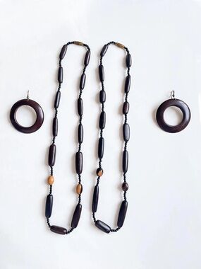 Wood Jewelry 3‑Piece Set–Long Necklace & Hoop Earrings
